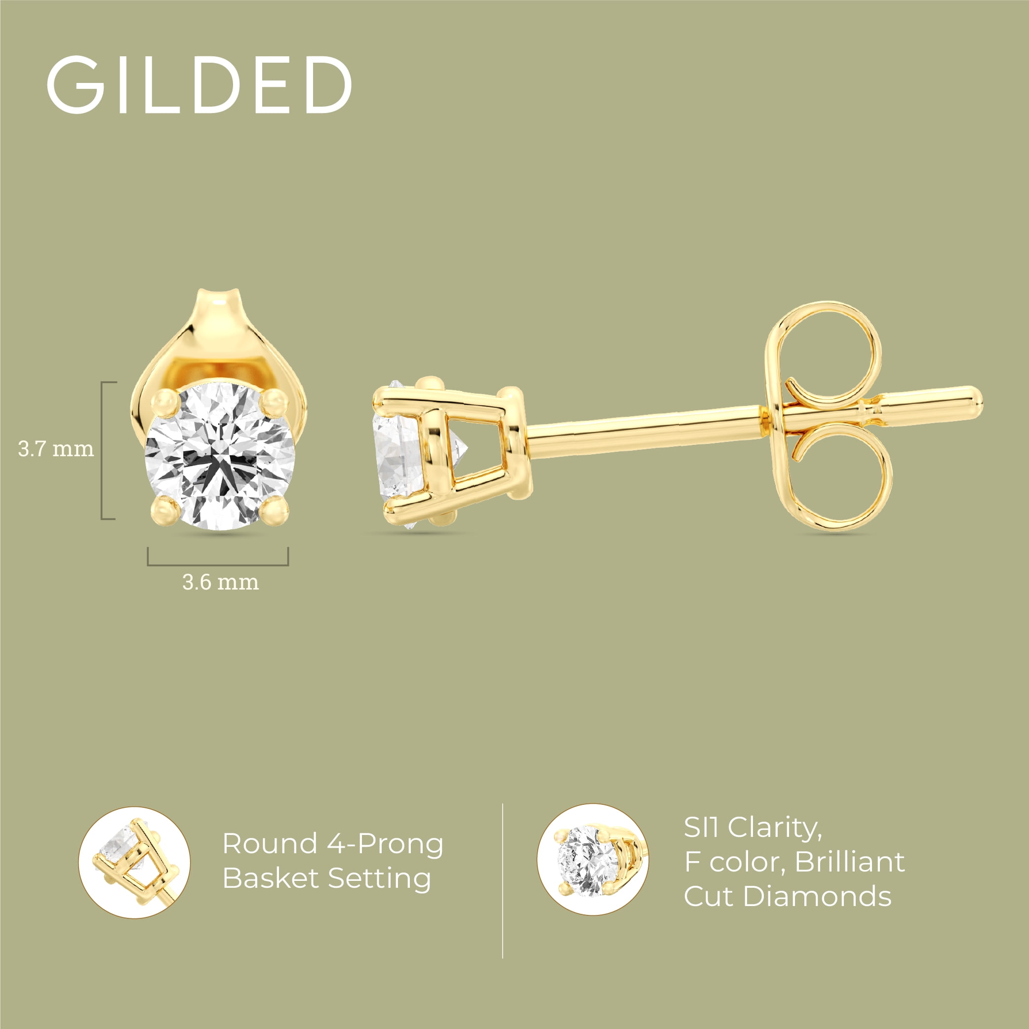 Gilded 3/8 Carat Total Weight Lab-Grown Diamond 14KT Gold Plated Silver Stud Earrings for Women| Hypoallergenic Fine Jewelry | 4-Prong Basket, Push Back Nut | SI1 Clarity, F Color, Round Cut