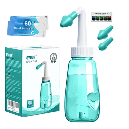 Neti Pot Sinus Rinse Bottle 260 ML with 60 Nasal Wash Salt Packets and Sticker Thermometer Nose Wash Cleaner Pressure Rinse Nasal Irrigation for Adult & Kid BPA Free (Green)
