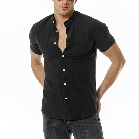 SWSMCLT Men's Button Down Shirt Casual 100 Cotton Tops Lightweight Summer Shirt Soft Casual Fitted Short Sleeve Black Large