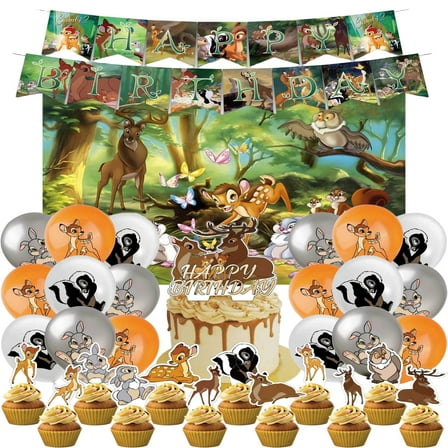 Bambi birthday decorations, party supplies set including banners, balloons, cake toppers, backdrop, forest animal theme party