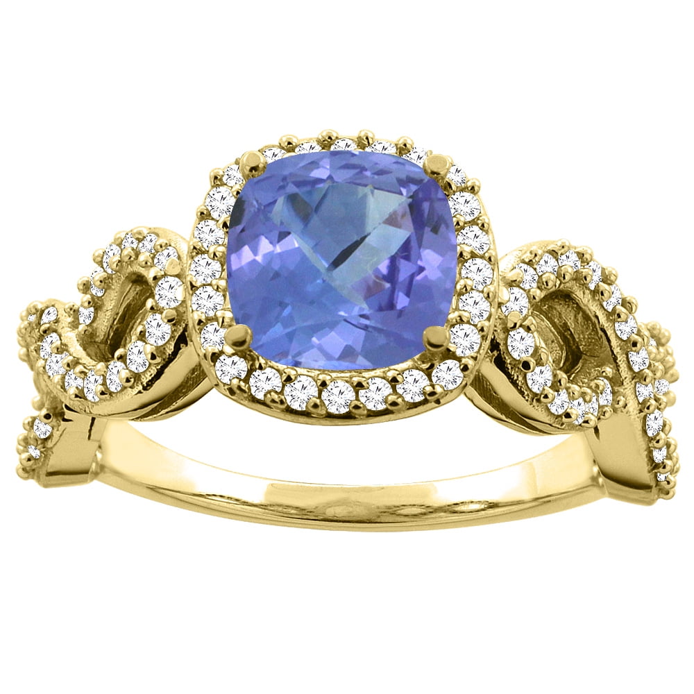 14K Yellow Gold Natural Tanzanite Engagement Ring Cushion 7mm Eternity Diamond Accents, size 5 by Gabriella Gold