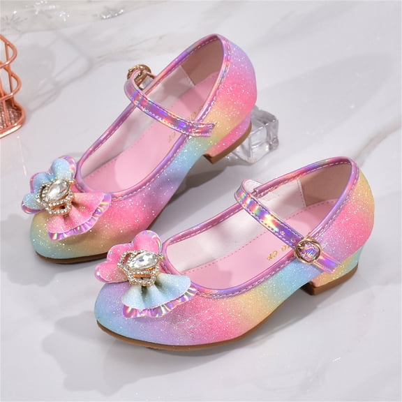 CAIXIA Dress Shoes for Girls Flower Girl Shoes Mary Jane Wedding Party Heel Glitter Bow Princess Flower Shoes for Kid Toddler,7-8 Years