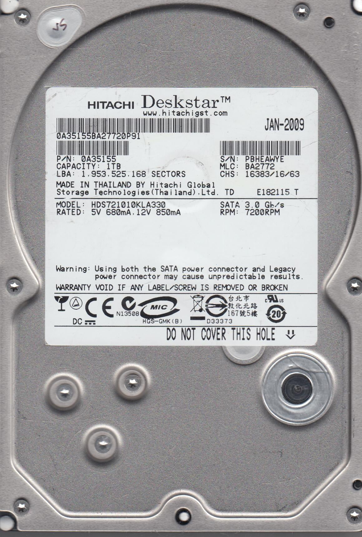 PCパーツ Hitachi hua721010kla330?P/N : 0?a35153?MLC : ba2772?1tb HDS721010KLA330, PN 0A35155, MLC BA2772, Hitachi 1TB SATA