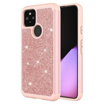 for Google Pixel 5 with Temper Glass Phone Case Glitter Shock proof Edge Scratch Shield Hybrid Layers Slim Bumper Cover (Rose Gold)