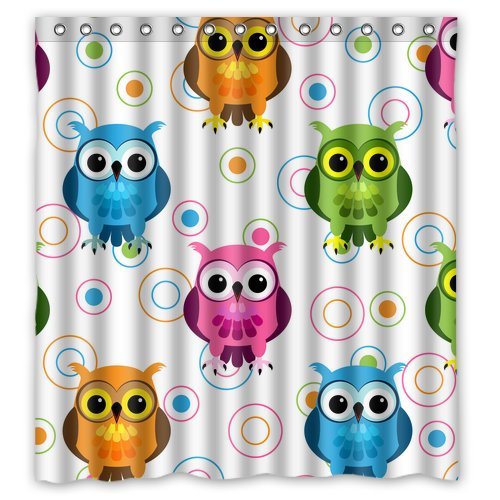 GreenDecor Art Print Cute Owls Waterproof Shower Curtain Set with Hooks
