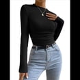 thumbnail image 2 of Tops de Punto Gofre para Mujer, Camisas de Larga, Camisetas Informales Ajustadas con Cuello Redondo, Jerséis Negro S, 2 of 8