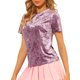 thumbnail image 4 of Camiseta de terciopelo para mujer Inspire Chic, de cuello redondo, manga corta, casual, talla XS, color rosa claro, 4 of 8