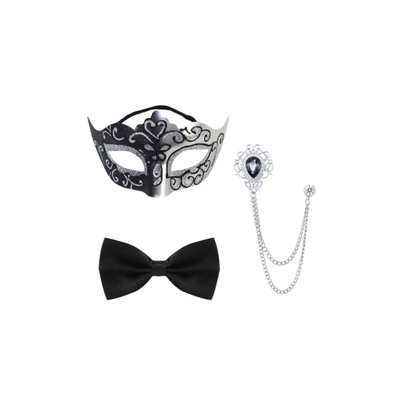 Masquerade Mask, Men Masquerade Costume Set, Venetian Half‑Eye Mask With Matching Bow Tie and Hanging Chain Brooch, Complete Dress‑Up Kit for Prom, Carnival, Halloween, Formal Masquerade Ball
