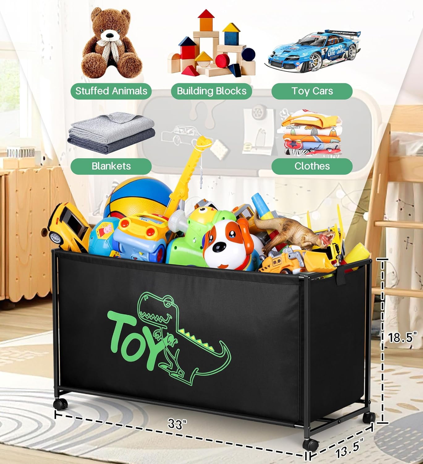 Large Toy Box with Wheels for Kids - 124L Black Storage Bin for Toys
