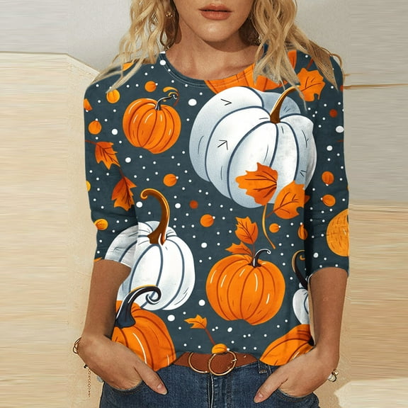 Womens Tops Plus Size Halloween Pumpkin 3/4 Sleeves Round Neck Printed Casual T-shirt Yellow XL