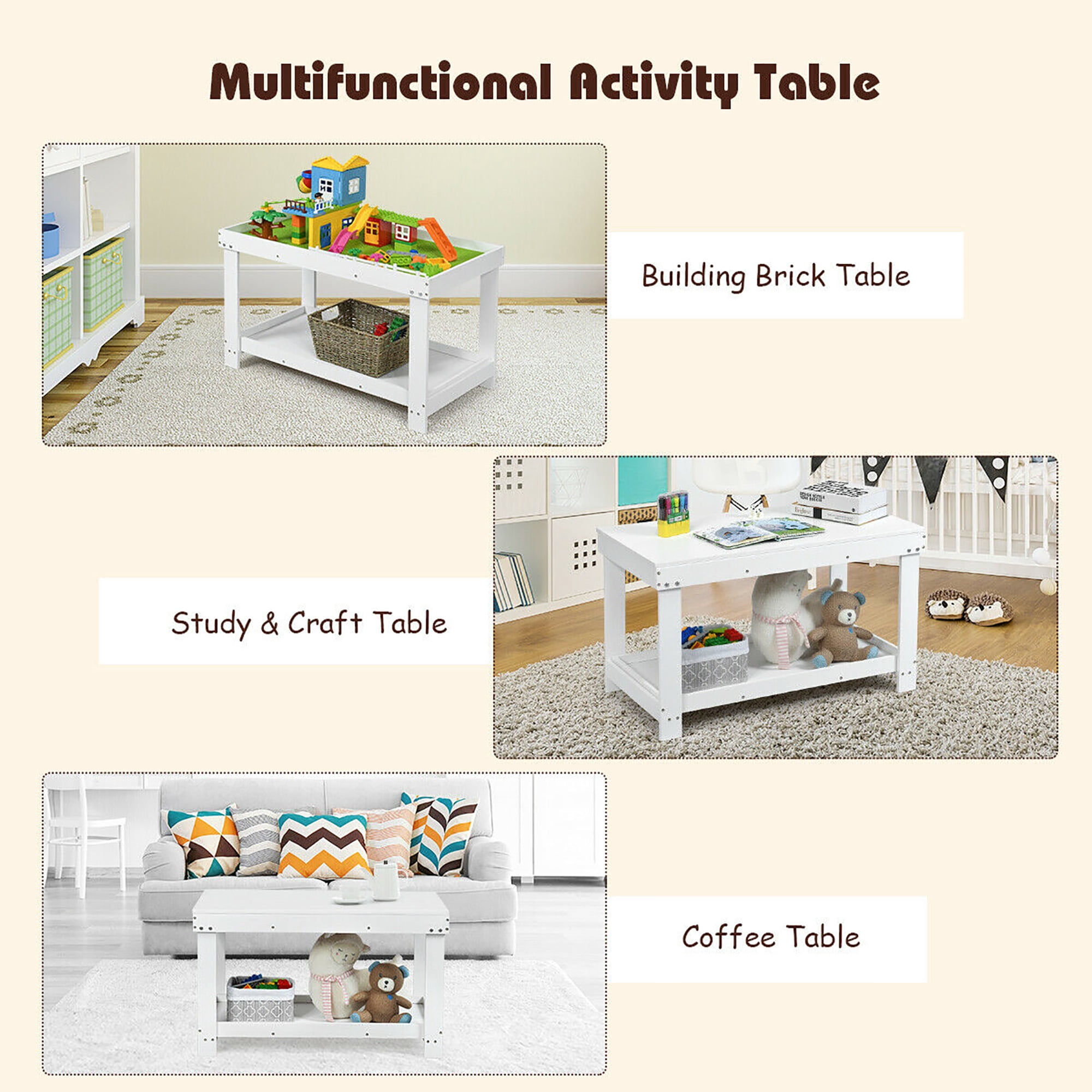 Gymax Solid Wood Block Table Kids Activity Play Table Multifunction W/Storage White