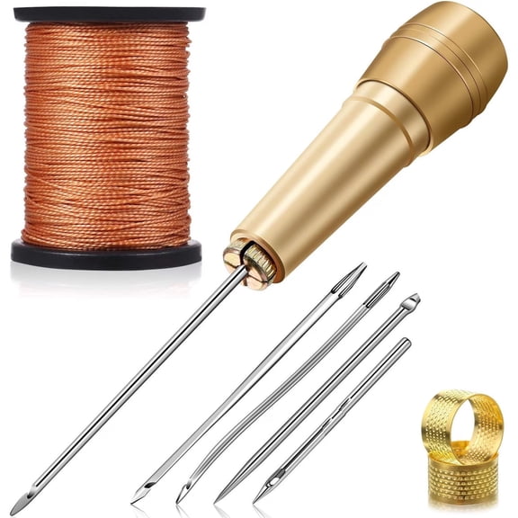 Gogcaro 5 Pieces Canvas Leather Sewing Awl Needle with Copper Handle, Nylon Cord Thread and 2 Pieces Thimble for Handmade Leather Sewing Tools Shoe and Repair