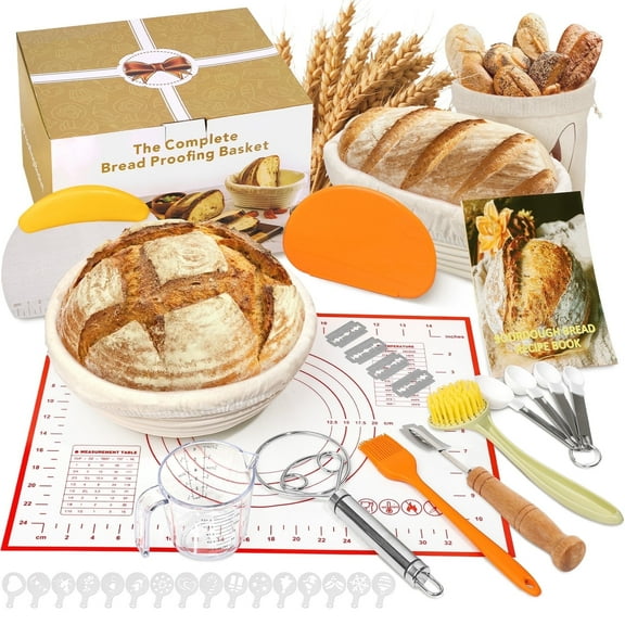 Advgears Sourdough Starter Kit, 9" Round & 10" Oval Bread Proofing Basket Set, 17 pcs Bread Making Tools Kit with Lame, Dough Whisk, Bowl Scrapers, Linen Liner Basting Brush, Baking Gifts for Bakers
