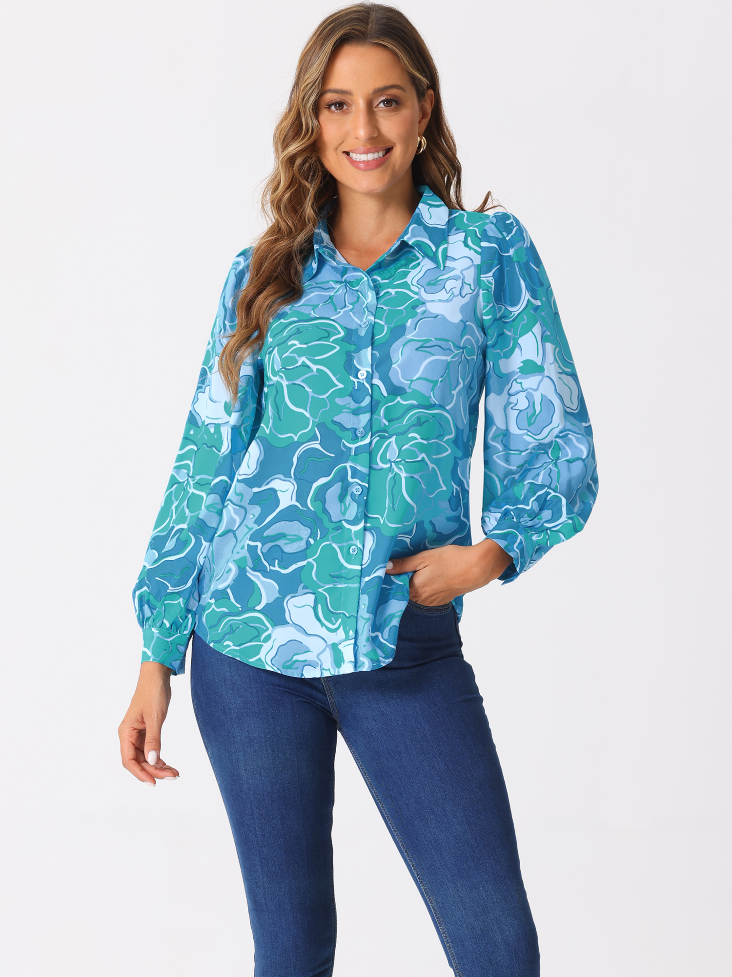 DARING DIVA Women's Button Down Floral Print Chiffon Tops M Blue