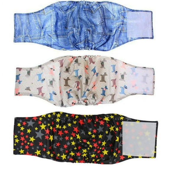 Genwiss Reusable Wrap Diapers for Male Dogs, Washable Puppy Belly Band Pack of 3 (L2, Stars  Denim  Fat Smile)