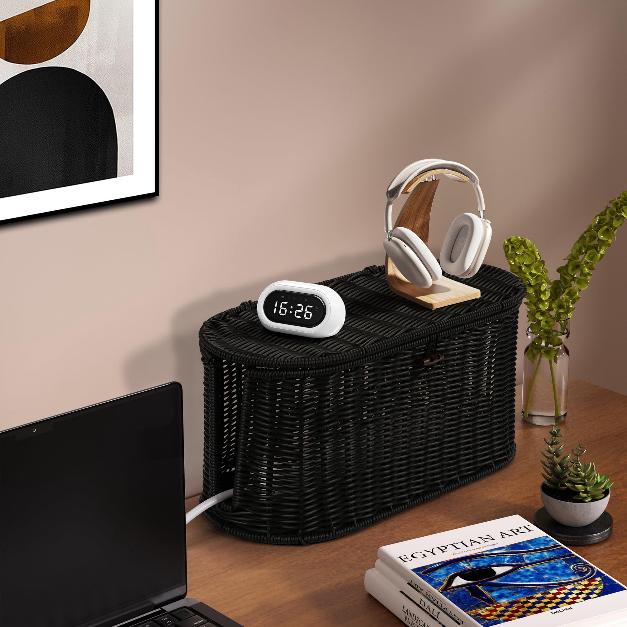 Handwoven Rattan Style Cable Management Box  Cord Organizer With Outlet Covers Hider For Power Strips Tidy Desk Floor And Home Organization