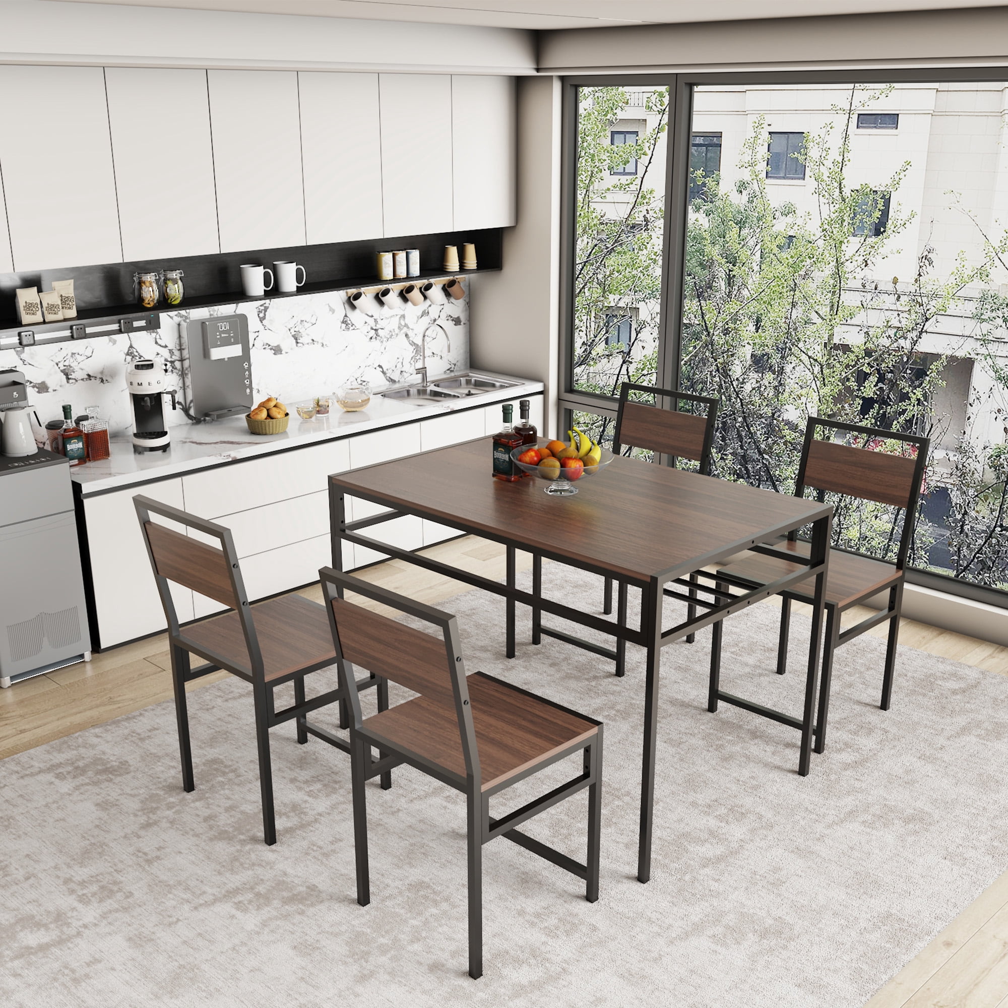 HOQBN 5 Piece Dining Table Set,Industrial Wood Rectangular Kitchen Table with 4 Chairs and Built-in Wine Storage Rack,Space Saving Metal Frame Dinner Furniture for Apartment Kitchen Dining Room