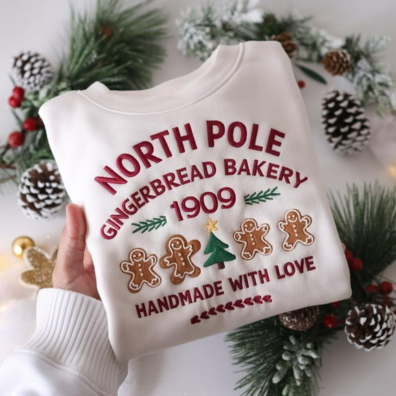 Embroidered Christmas Sweatshirt: North Pole Gingerbread Bakery Crewneck