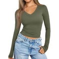 thumbnail image 3 of Nestiefly Long Sleeve Shirts for Women Fall Fashion V Neck Crop Tops Soft Stretchy Thermal Base Layer Undershirt Army Green M, 3 of 6