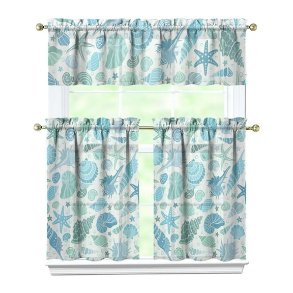 Kitchen Curtains 36 Inch Short - 3 Panel Set, Nautical Starfish Beach Seashell Mermaid Theme, Rod Pocket Window Curtain for Tropical Farmhouse, Easy Wash