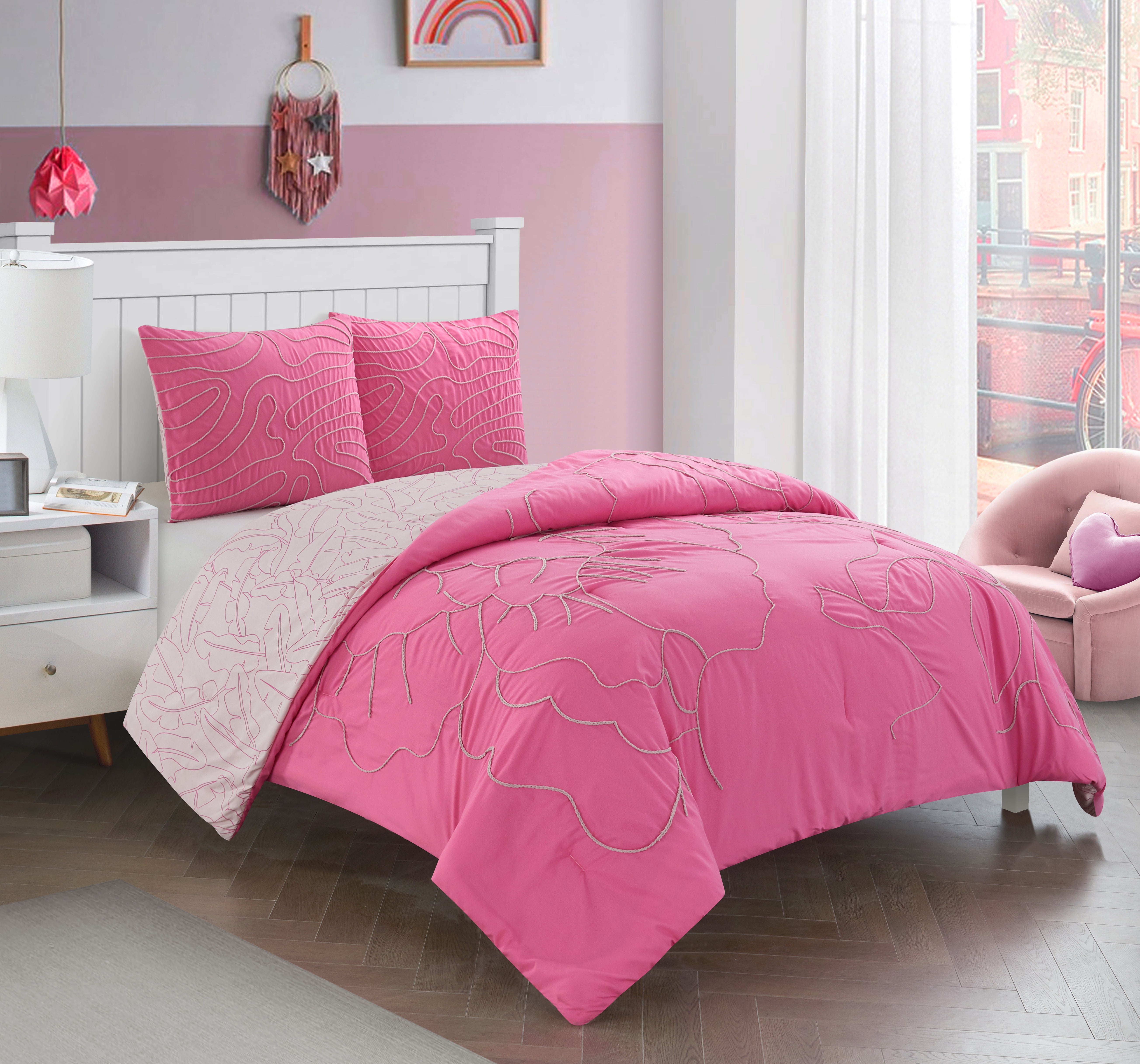 Heritage Club Kids Girls Pink Pom Pom Comforter Shams Set Full 