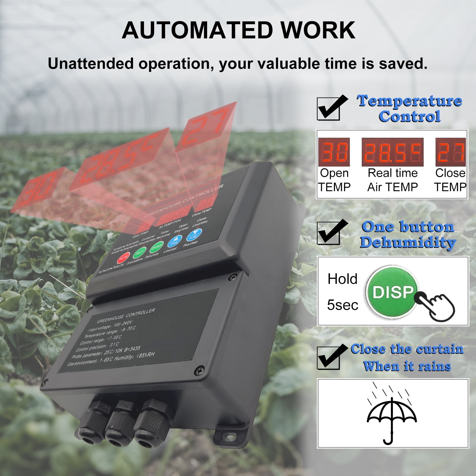 UYGALAXY Top Roll Up Motor System, 2 Pack Electric Greenhouse Film Roll Up Motors + Electric Intelligent Thermostat Controller (AC110V to DC24V) for Greenhouses Ventilation, Automatic Venting Kit