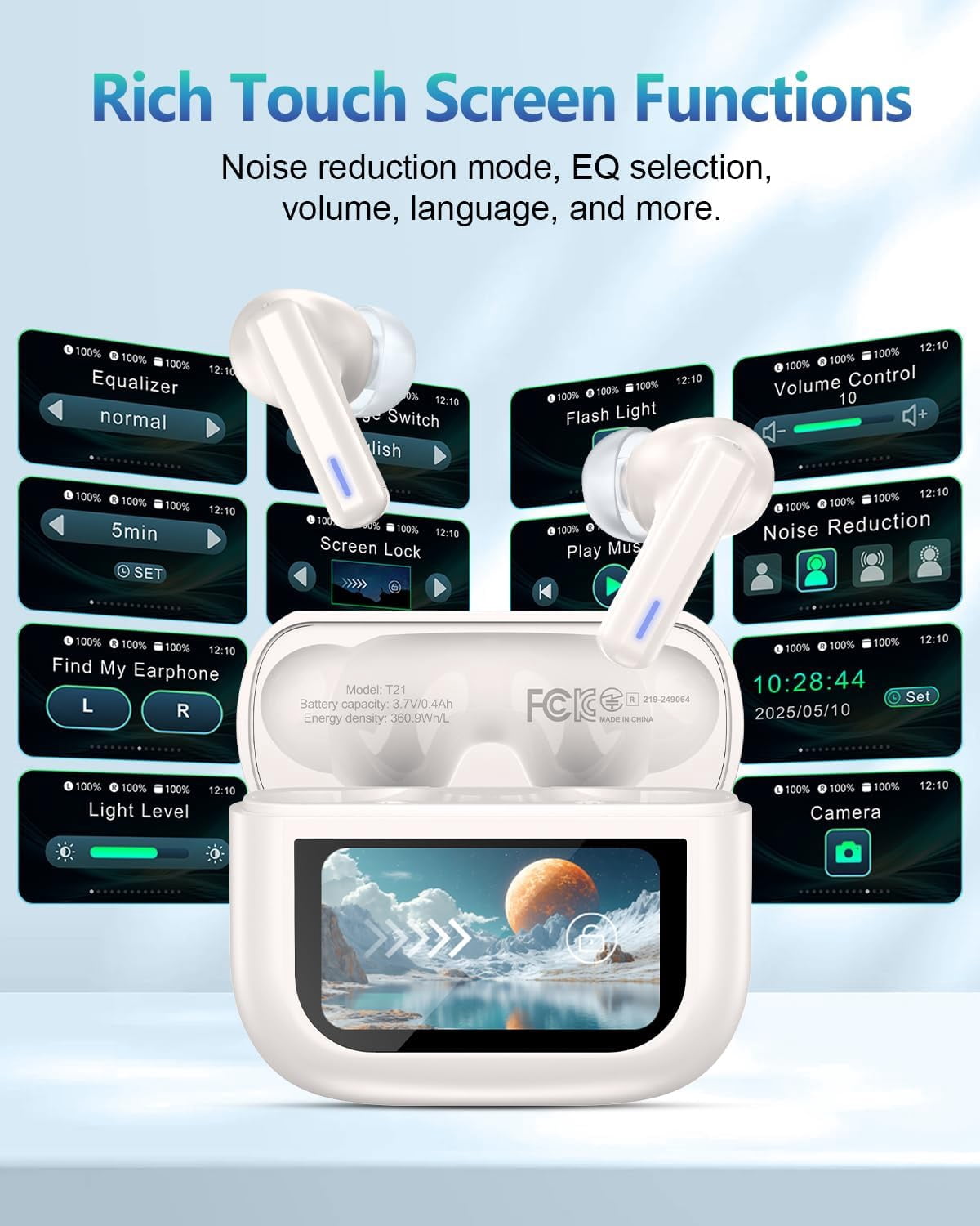 Wireless Earbuds, Bluetooth 5.4 Headphones, EarBuds with Touch Screen, ANC ENC Noise Cancelling Transparency Mode, 50H Stereo Deep Bass, IPX7 Waterproof, Clear Calls, 5 EQ for iOS Android