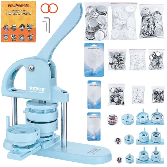 VEVOR 3-IN-1 Button Maker, 1/1.25/2.28 inch(25/32/58mm) Pin Maker, 300pcs Button Parts, Button Maker Machine with Panda Magic Book, Ergonomic Arc Handle Punch Press Kit, For Children DIY Gifts, Blue