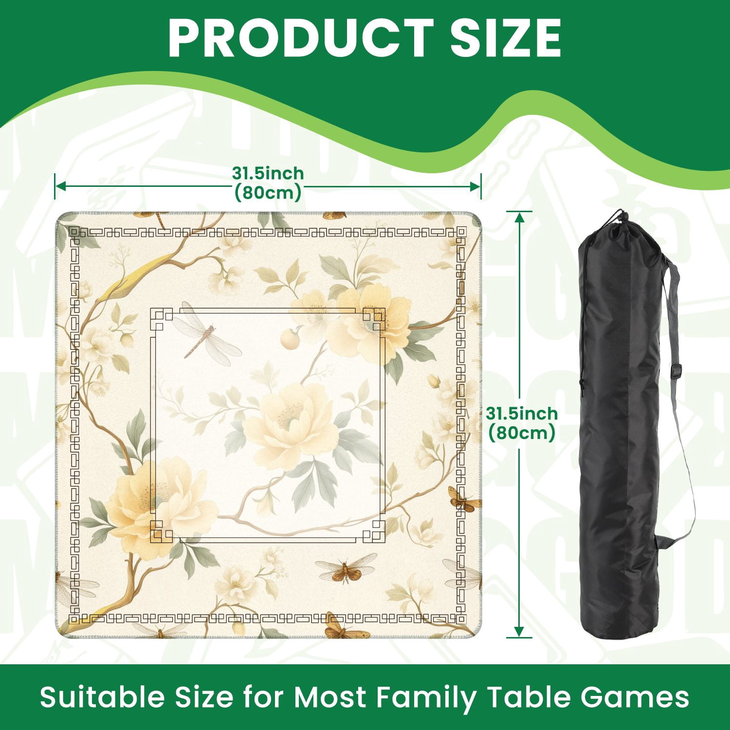 Mahjong Mat 31.5" x 31.5" Yellow Floral Dragonflies Butterflies Cream Non-Slip Noise Reduction American Mahjong Tiles Table Cover for Dominoes Poker Card Board Games Gift