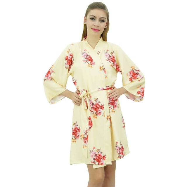 Bimba Women's Floral Printed 3/4 Sleeve Yellow Bridesmaid Robe Coverup Wrap-20