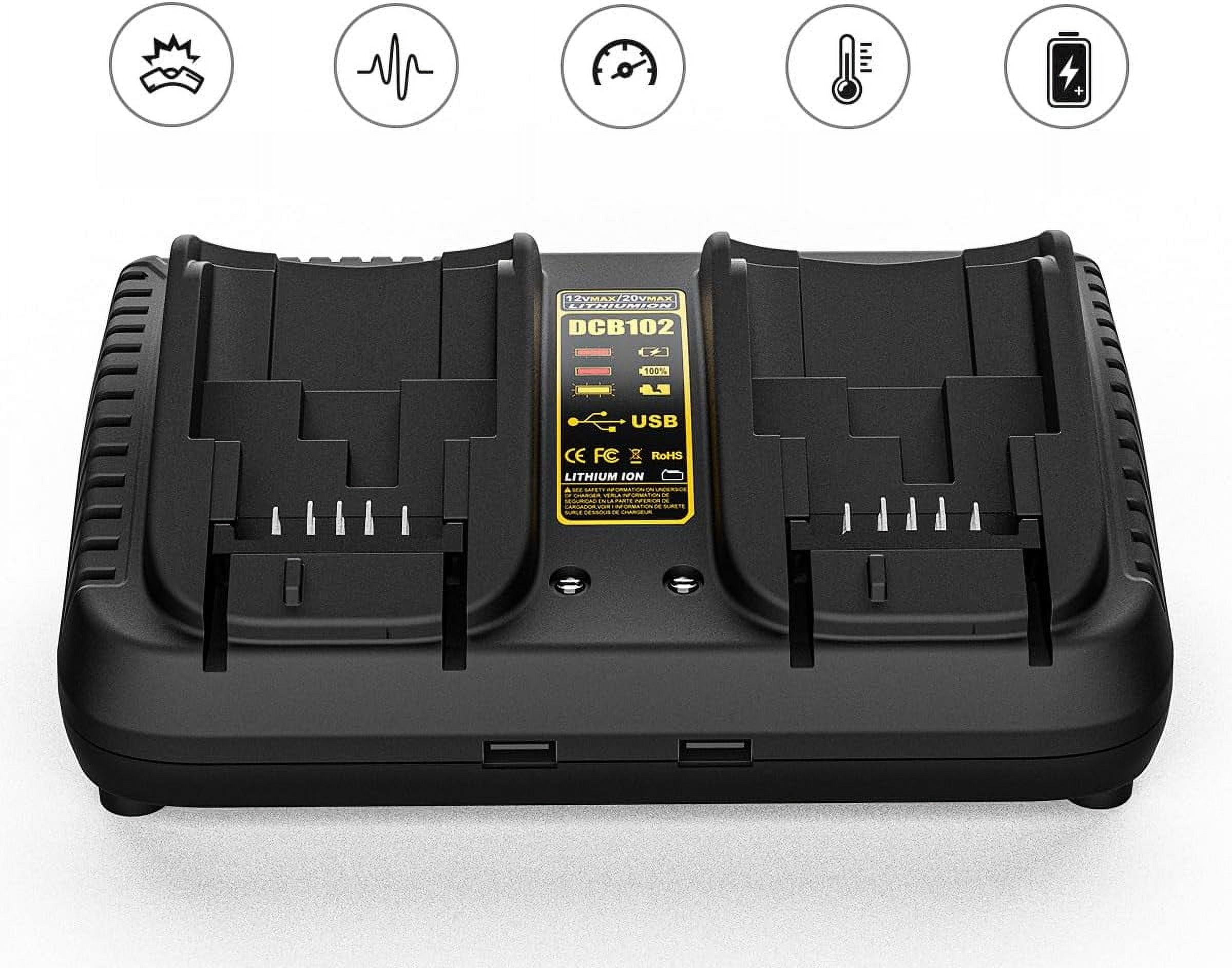 Dual Battery Charger Replace for Dewalt 12V/20V MAX Charging Station DCB102 DCB101 DCB105 DCB112 DCB107 Lithium Battery DCB200 DCB203 DCB204 DCB606 Power Tools（Charger only）