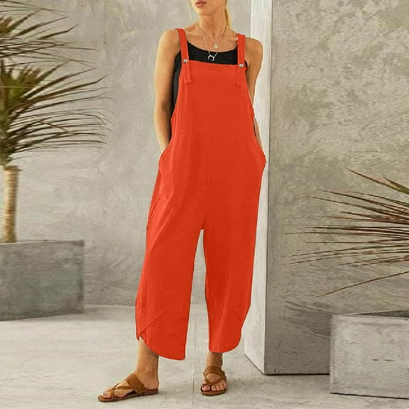 Virmaxy Cotton Linen Overalls For Women Loose Fit Summer Casual Solid Pocket Romper Long Playsuit Strap Button Jumpsuit Orange 4XL