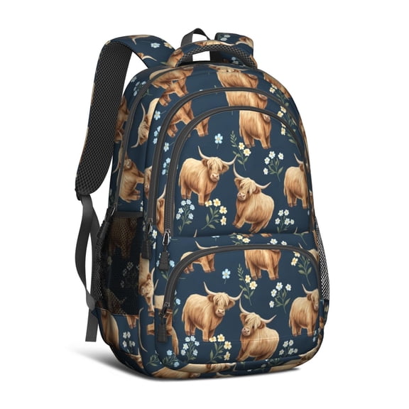 Highland Cow and Flower Print Backpack for School, Cute School Bag with Adjustable Shoulder Straps and Padded Back, 16.9"x12.6"x5.9"