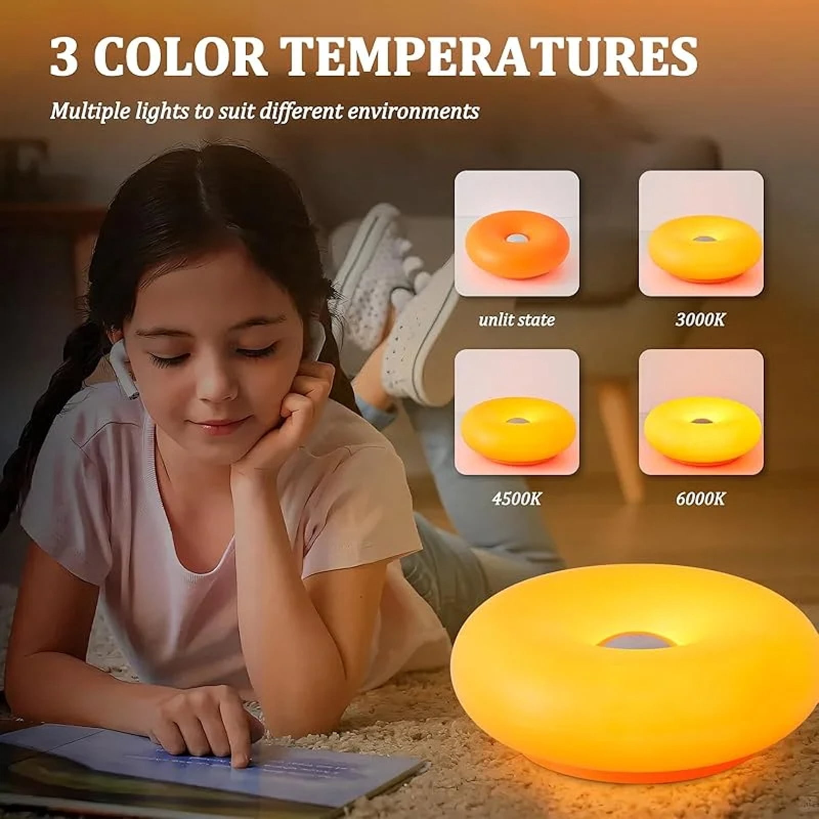 Orange Donut Wall Lamp - Touch Control Rechargeable Bedside Lamp with Charging Cable, Modern Bauhaus Style for Bedroom, Living Room, Hallway, Nursery, Home Decor, Warm Ambiance Lighting