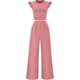 thumbnail image 4 of Enjoytime Womens 2 Piece Outfits Summer Beach Travel Casual Lounge Set Ruffle Sleeve Crop Tops with Wide Leg Pants Matching Sets, 4 of 8