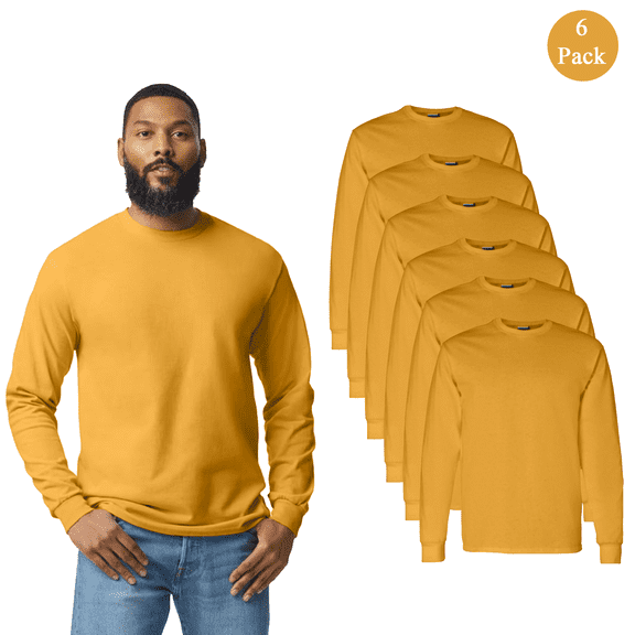 Gildan Heavy Cotton Long-Sleeve T-Shirt for Adult, Tear Away Classic Fit Gold Tee, Bulk 6 Pack, S