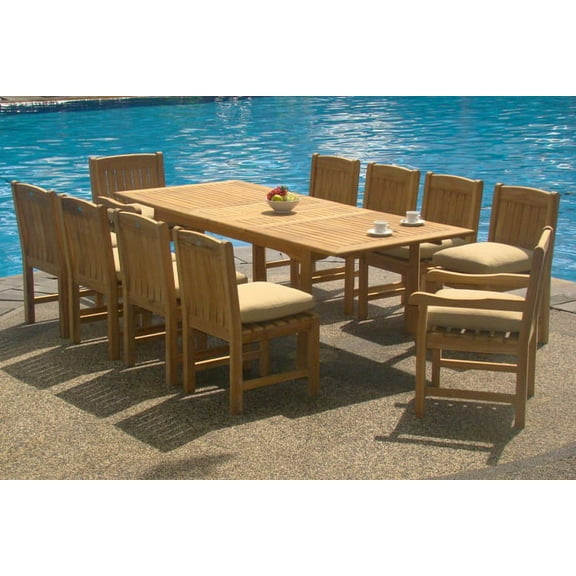 Teak Dining Set:10 Seater 11 Pc - 94" Double Extension Rectangle Table, 8 Armless and 2 Arm / Captain Devon Chairs Outdoor Patio Grade-A Teak Wood WholesaleTeak #WMDSDV9