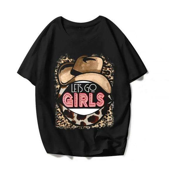 Let'S Go Girls Tops Cowgirl T-Shirt Leopard Print Cowboy Hat Graphics Women Casual Shirts Gift Tee Black Small