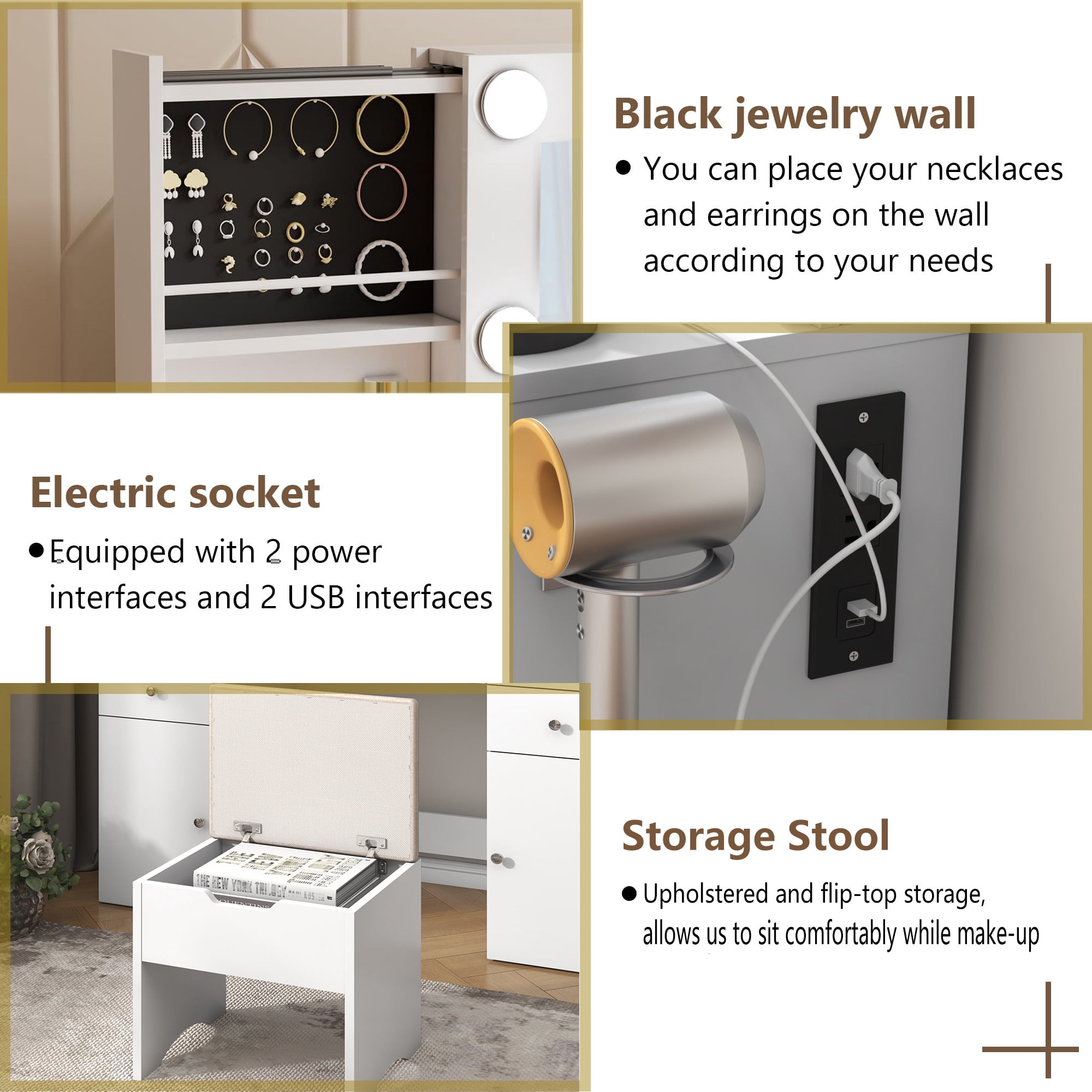 White Vanity Desk with Large Lighted Mirror & Power Outlet, Makeup Vanity Table with Glass Top & Drawers, Sliding Storage, Vanity Set with Storage Stool
