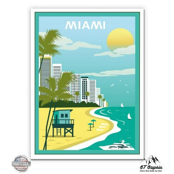 Miami Vintage Travel Poster Style - 3" Vinyl Sticker - For Car Laptop I-Pad Phone Helmet Hard Hat - Waterproof Decal