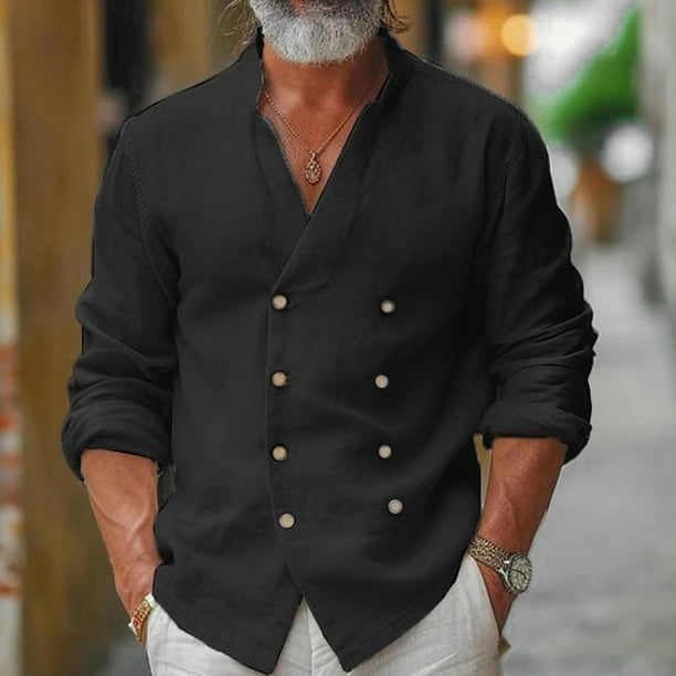 pstuiky camisetas de manga larga para hombre, Camisa informal de manga larga con cuello alto y botones de color liso para hombre top de hombre xxxl