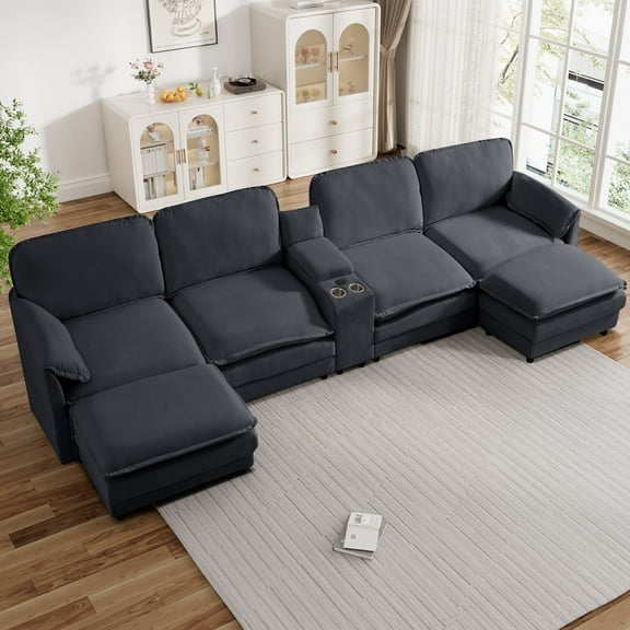 Wiilayok U Shaped Sectional Sofa,161" Oversized Modular Cloud Couch Sofa with 2 Ottoman and Extra Deep Seat for Living Room,4 Seater Modern Chenille with Central Console USB Port, Grey