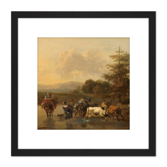 Berchem The Cattle Herd Countryside Painting 8X8 Inch Square Wooden Framed Wall Art Print Picture with Mount