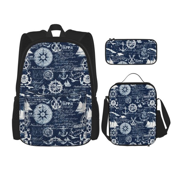Kdxio Sailing Cruises Nautical Print School Study Combo Set Backpack with Lunch Bag Pencil Case Oxford Lightweight Durable Travel Organization Kit