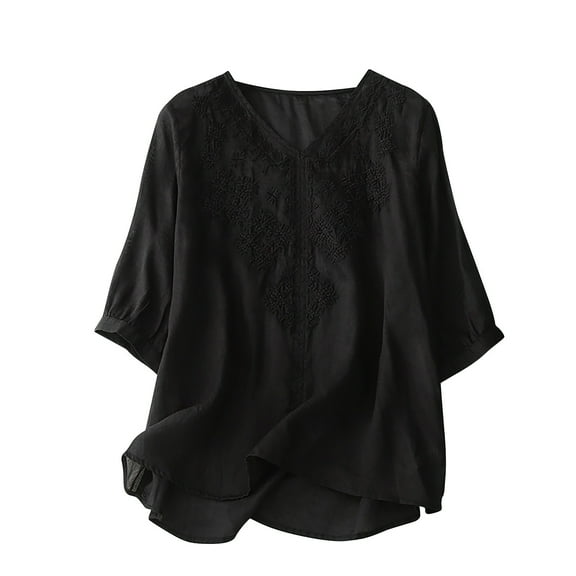 Womens Tops 2025 Plus Size Cotton and Linen Casual Short Sleeve V-Neck Cotton Irregular Tops Blouse