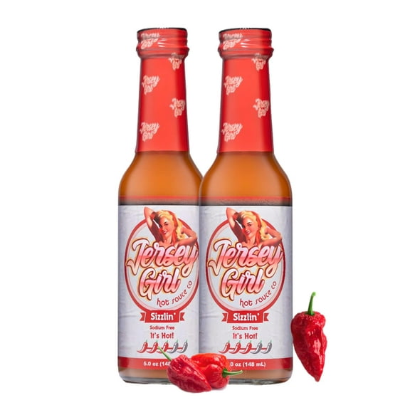 Jersey Girl Hot Sauce 5oz (Sizzlin - Spicy, Pack of 2) - All Natural & Sodium/Salt Free - Made with Trinidad Scorpion Peppers