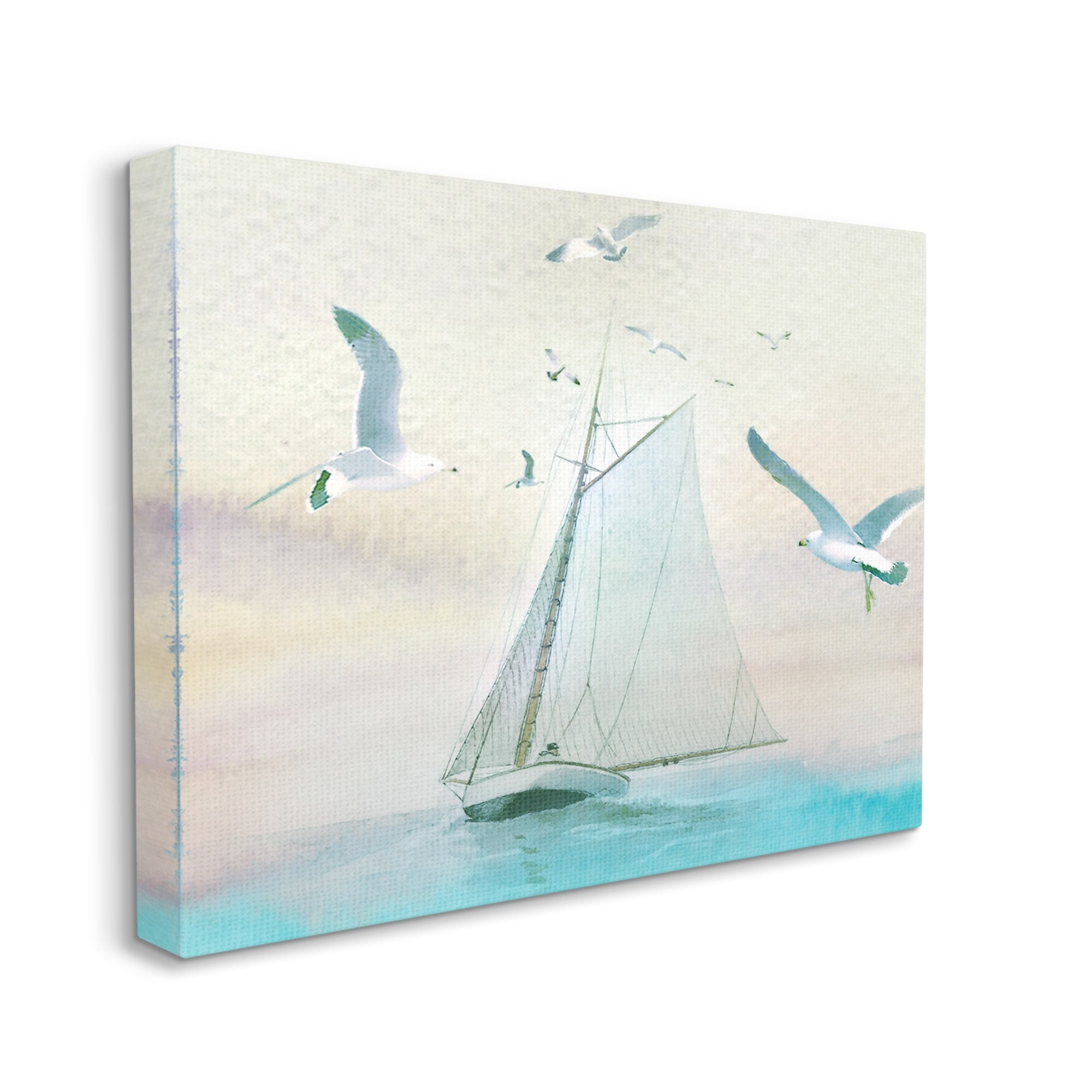 Stupell Seagulls Flying Ocean Sailboat Landscape Painting Gallery Wrapped Canvas Print Wall Art