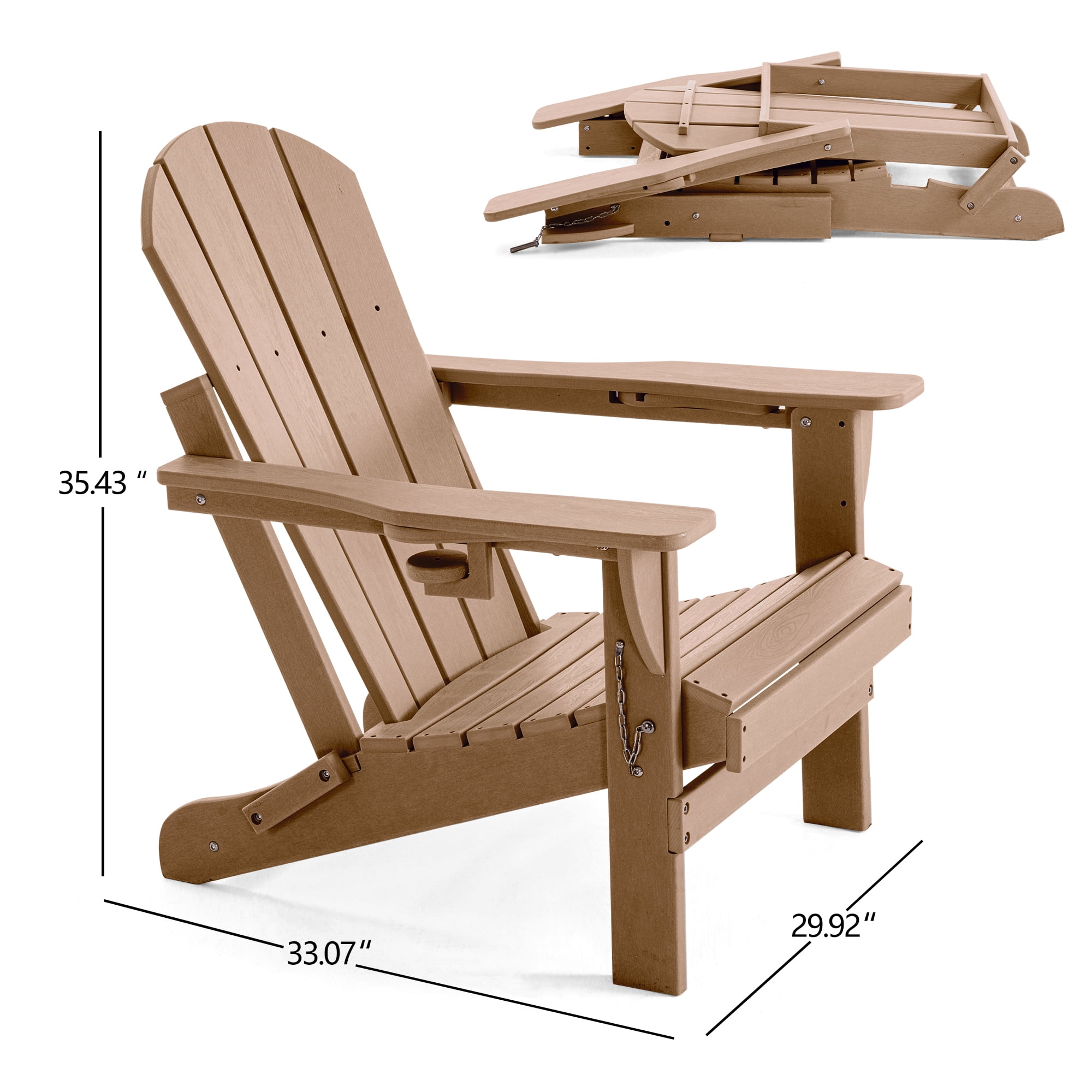 ENYLAY Folding Adirondack Chair with Dual Cup Holders & Phone Holder, All-Weather HDPE Fire Pit Chairs for Outdoor, Patio, Poolside, Garden(Brown)