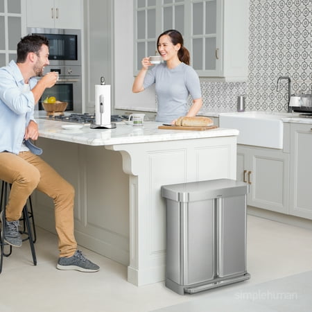 simplehuman - 58 L Rectangular Hands-Free Dual Compartment Recycling Kitchen Step Trash Can with Soft-Close Lid - Brushed Stainless Steel