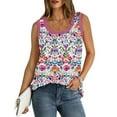 thumbnail image 6 of Frostluinai Boho Tank Tops for Women Sleeveless Scoop Neck Ribbed Trim Long Tanks Casual Floral Print T Shirts Plus Size Curved Hem Tanks, 6 of 7